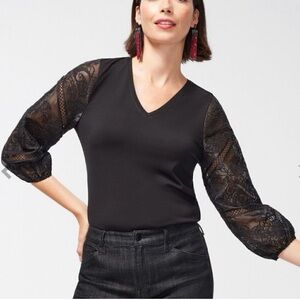 Chico’s Touch of Cool black embroidered balloon sleeve V neck top size M